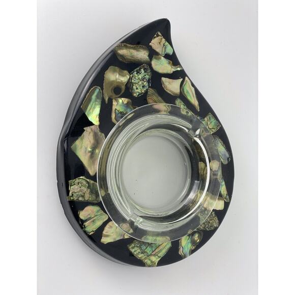 Vintage Retro Epoxy Clear Glass Ashtray Dish Abalone Shell 8" - Picture 4 of 7